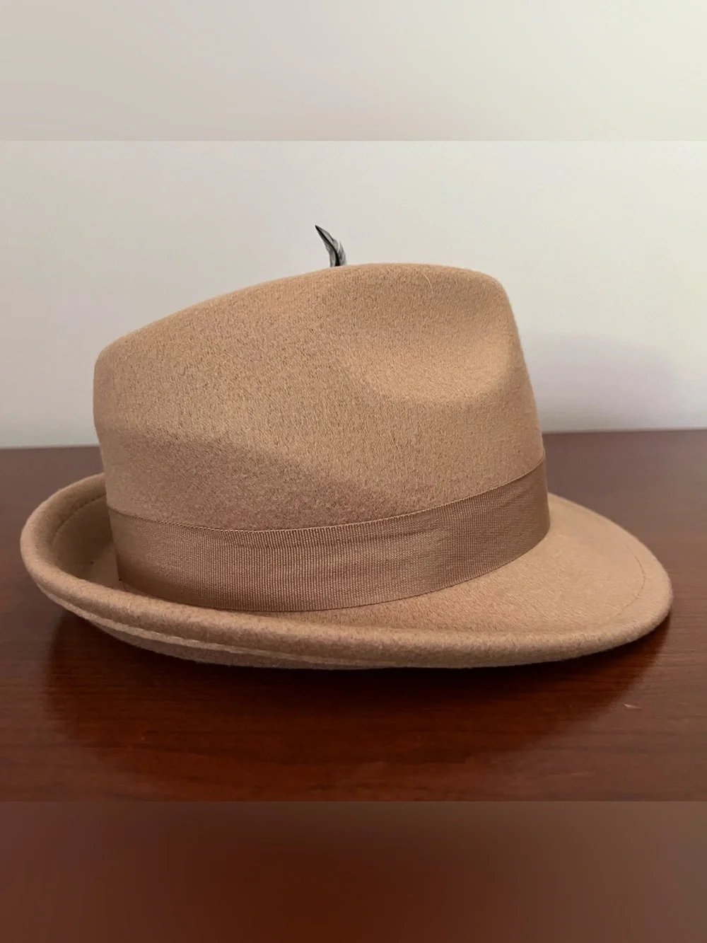 Tan Wool Felt look Fedora Hat with Decorative Feathers